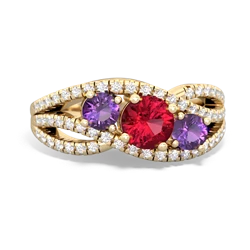 Lab Ruby Three Stone Aurora 14K Yellow Gold ring R3080