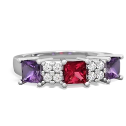 Lab Ruby Three Stone Diamond Cluster 14K White Gold ring R2592