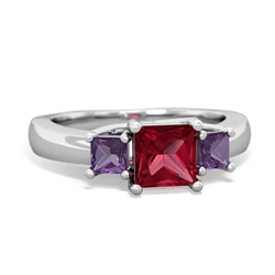 Lab Ruby Three Stone Trellis 14K White Gold ring R4015