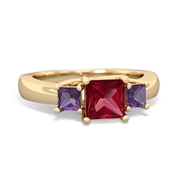 Lab Ruby Three Stone Trellis 14K Yellow Gold ring R4015