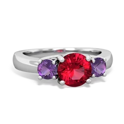 Lab Ruby Three Stone Round Trellis 14K White Gold ring R4018