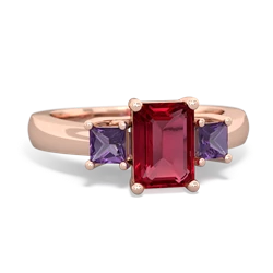 Lab Ruby Three Stone Emerald-Cut Trellis 14K Rose Gold ring R4021