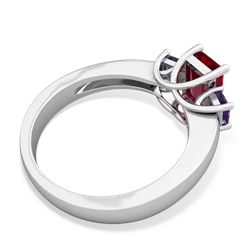 Lab Ruby Three Stone Emerald-Cut Trellis 14K White Gold ring R4021