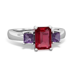 Lab Ruby Three Stone Emerald-Cut Trellis 14K White Gold ring R4021