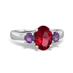 Lab Ruby Three Stone Oval Trellis 14K White Gold ring R4024