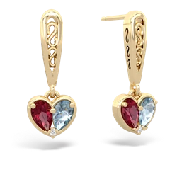 Lab Ruby Filligree Heart 14K Yellow Gold earrings E5070