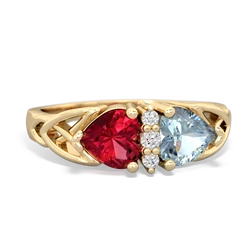 Lab Ruby Celtic Knot Double Heart 14K Yellow Gold ring R5040