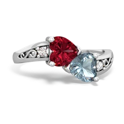 Lab Ruby Snuggling Hearts 14K White Gold ring R2178