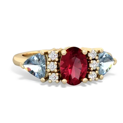 Lab Ruby Antique Style Three Stone 14K Yellow Gold ring R2186