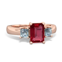 Lab Ruby Three Stone Emerald-Cut Trellis 14K Rose Gold ring R4021