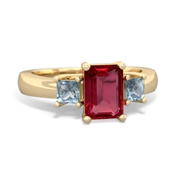 Lab Ruby Three Stone Emerald-Cut Trellis 14K Yellow Gold ring R4021