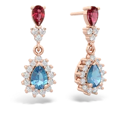 Lab Ruby Halo Pear Dangle 14K Rose Gold earrings E1882