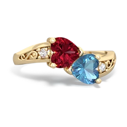 Lab Ruby Snuggling Hearts 14K Yellow Gold ring R2178