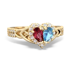 Lab Ruby Celtic Knot Two Hearts As One 14K Yellow Gold ring R2644HRT