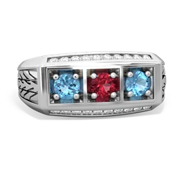 Lab Ruby Three Stone Tire Tread Men's 14K White Gold ring R0520