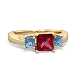 Lab Ruby Three Stone Trellis 14K Yellow Gold ring R4015