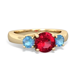 Lab Ruby Three Stone Round Trellis 14K Yellow Gold ring R4018