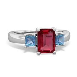 Lab Ruby Three Stone Emerald-Cut Trellis 14K White Gold ring R4021