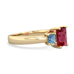 Lab Ruby Three Stone Emerald-Cut Trellis 14K Yellow Gold ring R4021