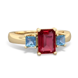 Lab Ruby Three Stone Emerald-Cut Trellis 14K Yellow Gold ring R4021