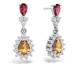 Lab Ruby Halo Pear Dangle 14K White Gold earrings E1882