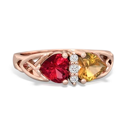 Lab Ruby Celtic Knot Double Heart 14K Rose Gold ring R5040