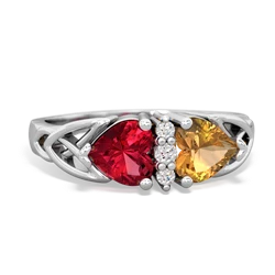 Lab Ruby Celtic Knot Double Heart 14K White Gold ring R5040