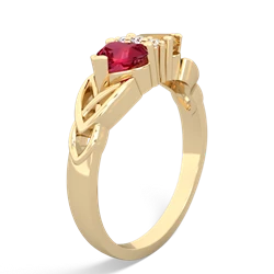 Lab Ruby Celtic Knot Double Heart 14K Yellow Gold ring R5040