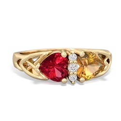 Lab Ruby Celtic Knot Double Heart 14K Yellow Gold ring R5040