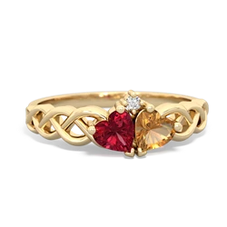 Lab Ruby Heart To Heart Braid 14K Yellow Gold ring R5870