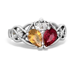 Lab Ruby 'One Heart' Celtic Knot Claddagh 14K White Gold ring R5322