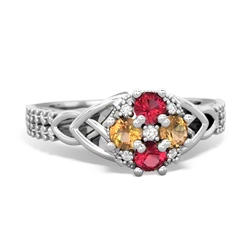 Lab Ruby Celtic Knot Cluster Engagement 14K White Gold ring R26443RD