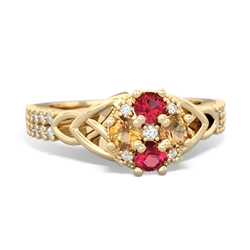 Lab Ruby Celtic Knot Cluster Engagement 14K Yellow Gold ring R26443RD