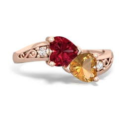 Lab Ruby Snuggling Hearts 14K Rose Gold ring R2178