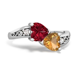 Lab Ruby Snuggling Hearts 14K White Gold ring R2178