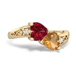 Lab Ruby Snuggling Hearts 14K Yellow Gold ring R2178