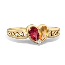 Lab Ruby Filligree 'One Heart' 14K Yellow Gold ring R5070