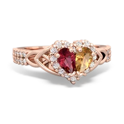 Lab Ruby Celtic Knot Two Hearts As One 14K Rose Gold ring R2644HRT