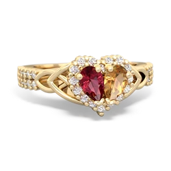 Lab Ruby Celtic Knot Two Hearts As One 14K Yellow Gold ring R2644HRT