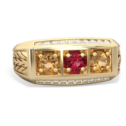 Lab Ruby Three Stone Tire Tread Men's 14K Yellow Gold ring R0520