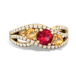 Lab Ruby Three Stone Aurora 14K Yellow Gold ring R3080