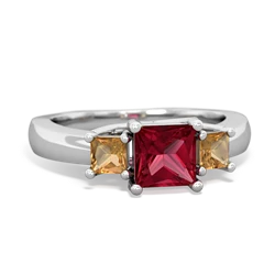 Lab Ruby Three Stone Trellis 14K White Gold ring R4015