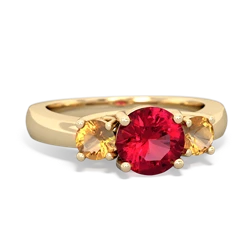 Lab Ruby Three Stone Round Trellis 14K Yellow Gold ring R4018