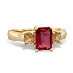 Lab Ruby Three Stone Emerald-Cut Trellis 14K Yellow Gold ring R4021