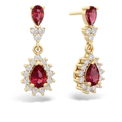 Lab Ruby Halo Pear Dangle 14K Yellow Gold earrings E1882