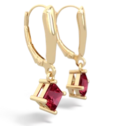 Lab Ruby 6Mm Princess Lever Back 14K Yellow Gold earrings E2789