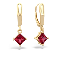 Lab Ruby 6Mm Princess Lever Back 14K Yellow Gold earrings E2789
