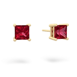 Lab Ruby 5Mm Princess Cut Stud 14K Yellow Gold earrings E1789