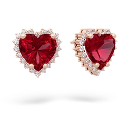 Lab Ruby Sparkling Halo Heart 14K Rose Gold earrings E0391