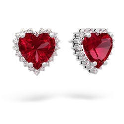 Lab Ruby Sparkling Halo Heart 14K White Gold earrings E0391